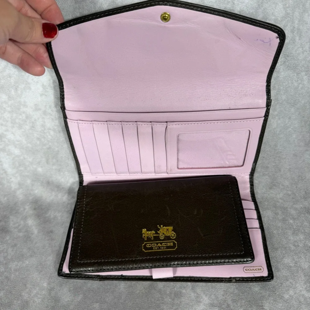 Vtg Y2K Coach Madison Brown Pink Leather Wallet & Checkbook Set Gold Carriage